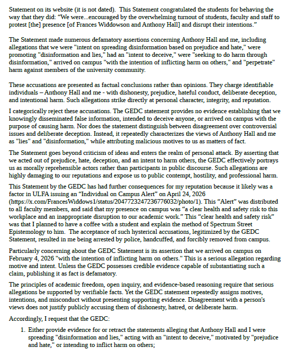 FrancesWiddows1's tweet photo. "Particularly concerning about the GEDC Statement [@ULFAssociation] is its assertion that we arrived on [@ULethbridge] campus on February 4, 2026 'with the intention of inflicting harm on others.'...Unless the GEDC possesses credible evidence capable of substantiating such a claim, publishing it as fact is defamatory."