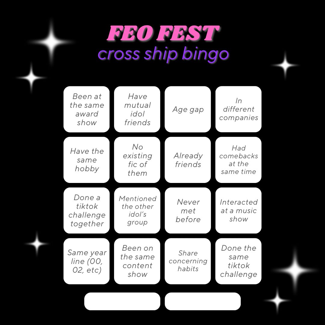 FEOfest's tweet photo. so happy to see everyone excited about the fest :) for our first game, please use the bingo board to introduce your fave cross ship to all of us! (and maybe some pictures too, so we can all see the vision) https://t.co/PXwBNv3X1f