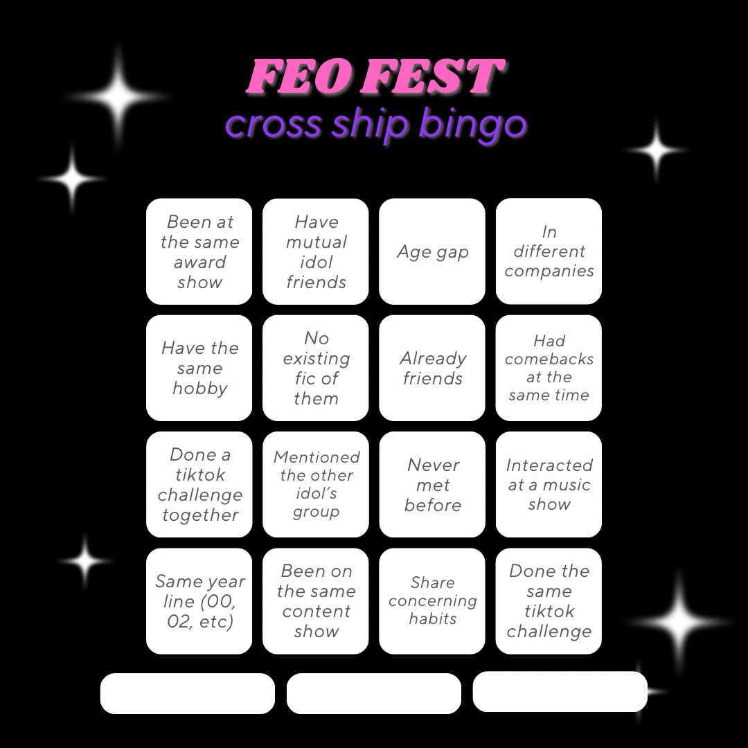 FEOfest's tweet photo. so happy to see everyone excited about the fest :) for our first game, please use the bingo board to introduce your fave cross ship to all of us! (and maybe some pictures too, so we can all see the vision) https://t.co/PXwBNv3X1f