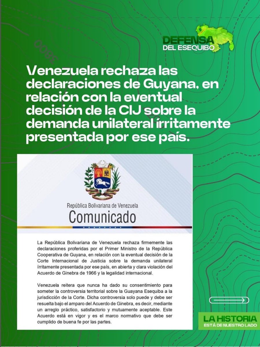 EsequiboOficial's tweet photo. Venezuela rechaza de manera firme las recientes declaraciones del Primer Ministro de Guyana sobre la posible decisión de la Corte Internacional de Justicia, ante una demanda unilateral e írrita. 

#VenezuelaToda
#ElEsequiboEsDeVenezuela https://t.co/Q1TiwDAzKC