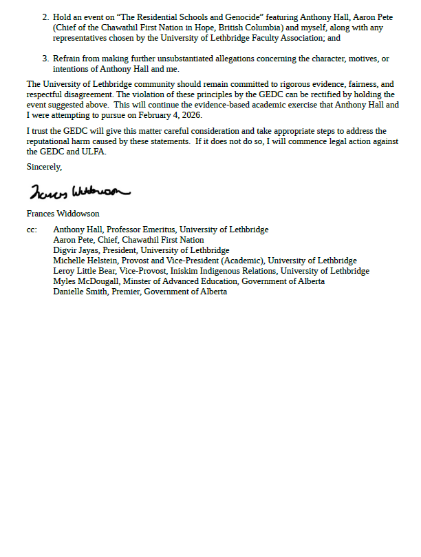 FrancesWiddows1's tweet photo. "Particularly concerning about the GEDC Statement [@ULFAssociation] is its assertion that we arrived on [@ULethbridge] campus on February 4, 2026 'with the intention of inflicting harm on others.'...Unless the GEDC possesses credible evidence capable of substantiating such a claim, publishing it as fact is defamatory."