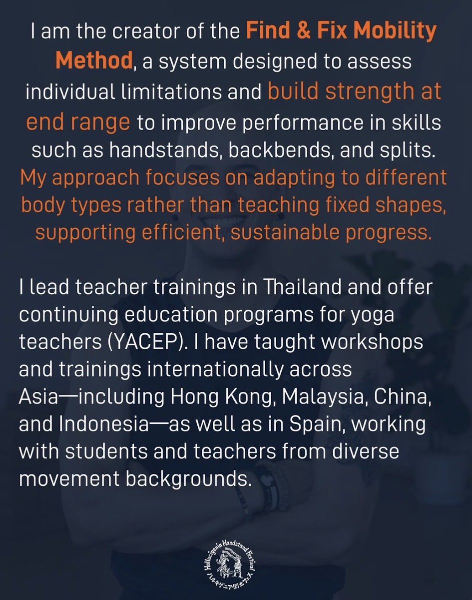halluci_fes's tweet photo. Hallucigenia Handstand Festival 2026
Instructor Introduction
𝐉𝐨𝐡𝐧 𝐋𝐢𝐳𝐜𝐚𝐧𝐨
Mobility &amp; handstand coach specializing in diagnostics. I combine biomechanics, joint mechanics, and end-range strength to help practitioners understand and improve their inversions efficiently https://t.co/FOnz1IRo7z