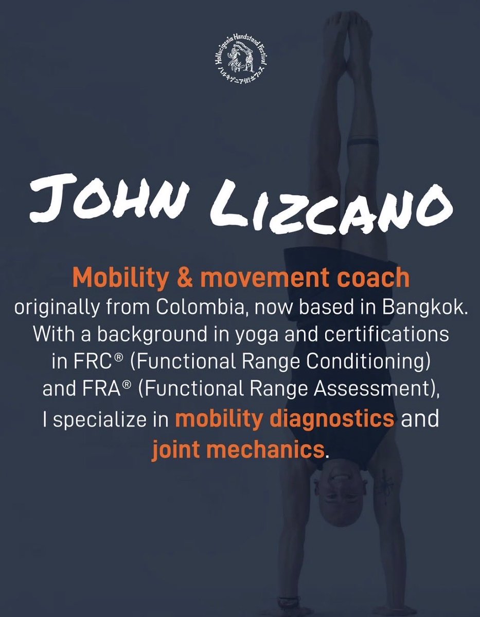 halluci_fes's tweet photo. Hallucigenia Handstand Festival 2026
Instructor Introduction
𝐉𝐨𝐡𝐧 𝐋𝐢𝐳𝐜𝐚𝐧𝐨
Mobility &amp; handstand coach specializing in diagnostics. I combine biomechanics, joint mechanics, and end-range strength to help practitioners understand and improve their inversions efficiently https://t.co/FOnz1IRo7z