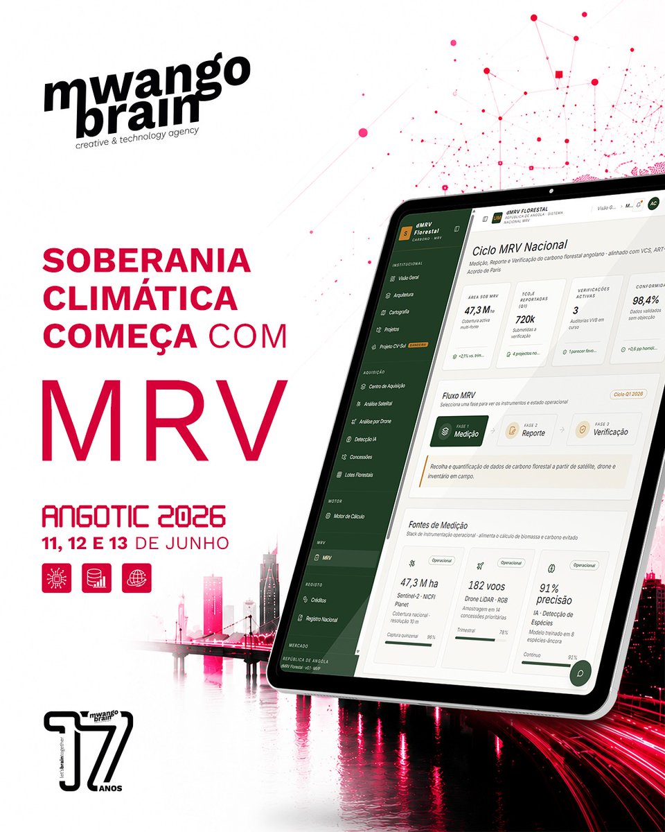 MwangoBrain's tweet photo. Mercado de carbono não falha por projectos, mas por falta de MRV. dMRV integra satélite, campo e verificação contínua. Sem isso não há escala. Valor real = soberania do activo climático.

ANGOTIC 2026 | 11–13 Junho

#17anos #GovTech #SoberaniaDigital #ANGOTIC https://t.co/GiQHxi1m15