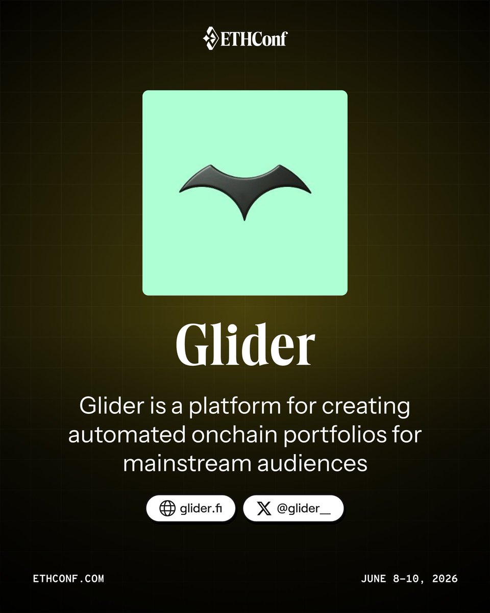 ethconf's tweet photo. Crypto Startup Showdown | @glider__

Automated onchain portfolios, built for mainstream audiences.

https://t.co/ylkePPQBtC https://t.co/JdaOWlw4Ex