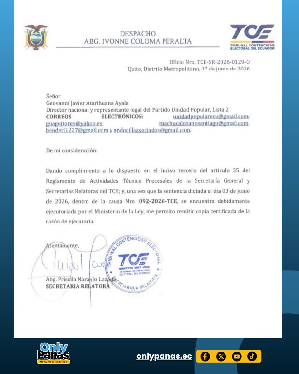 onlypanasec's tweet photo. #AlertaPanas
UNIDAD POPULAR CONFIRMA SU PARTICIPACIÓN EN LAS ELECCIONES DE 2026 TRAS FALLO DEFINITIVO DEL TCE, Geovanni Atarihuana @geovanni_atari, director nacional de Unidad Popular, aseguró que la sentencia que dejó sin efecto la cancelación del movimiento ya está ejecutoriada y sostuvo que la organización política volverá a las urnas luego de lo que calificó como una victoria frente al intento de excluirla del proceso electoral.