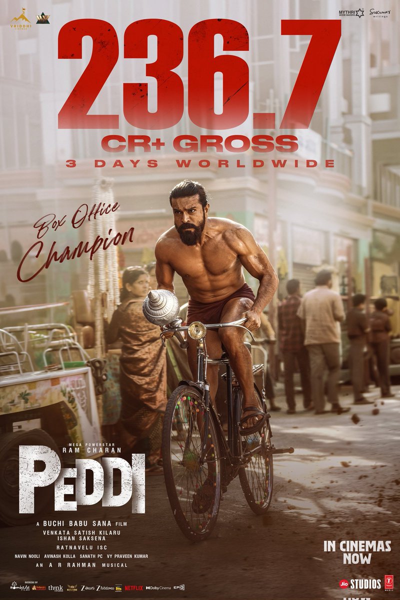 TTSR_Official's tweet photo. #Peddi🏏 Now In Cinema's 🥁📢🔥✨

3 Day's 236 Cr+ Gross Worldwide 🌍⚡

@ttsr_official @vijayavikashm #GetReadyForPeddi #Ramcharan #ShivaRajkumar #JanhviKapoor #JagapathiBabu #ARRahman #BuchiBabuSana #KollyWood #Cinema #TTSR #TamilTVSatellitesRights #VijayaVikash
#VIJAYAVIKASHM https://t.co/SNeV7MUZPZ