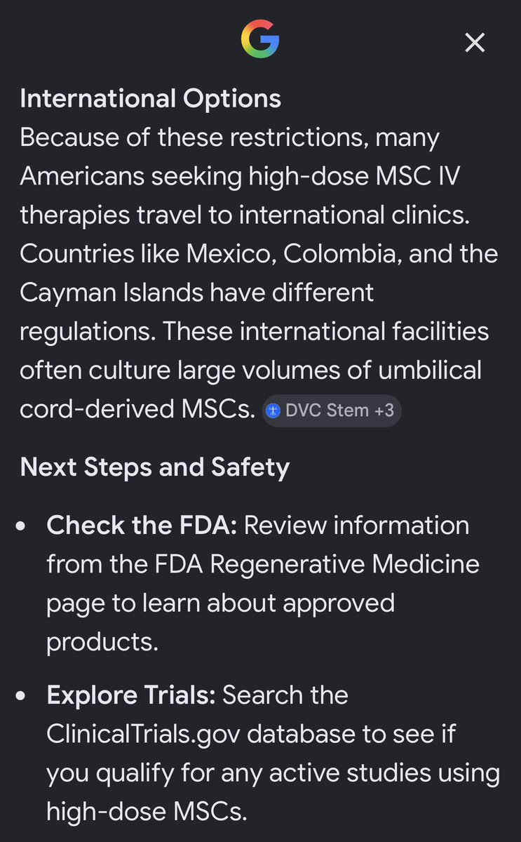 mtgreenee's tweet photo. I’ve always been proactive about my health by eating very healthy, exercising, prioritizing sleep, not getting Covid vaccines, flu vaccines, and other traditional medical recommendations.
Here’s an easy Internet search about some of the stem cell treatments that we had to go to Dream Body Clinic in Mexico to get because they’re not available in the U.S.
It’s a shame that so many Americans have to travel abroad to get all types of medical treatments that they can’t get in the United States because our FDA doesn’t allow it.
Medical tourism is a huge industry and America should be ashamed of itself that so many Americans leave our own country seeking all types of treatments, medications, and surgeries that cost them 40 to 80% less than it does in the U.S. Our health insurance is already absolutely ridiculously expensive and healthcare cost is way too high.