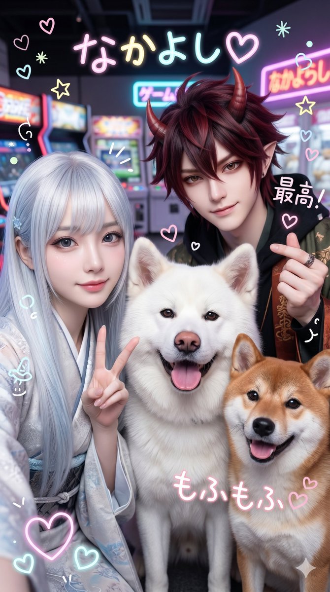 usugedon's tweet photo. ❄️🐕 秋散歩 特別編 👹📸雪女と酒呑童子、そして秋田犬と柴犬がまさかのプリクラ撮影！？
妖怪とわんこたちの、ちょっと不思議で心温まるひとときをお楽しみください✨プリクラのポーズに注目です📷💕
ぜひご覧ください！#秋散歩 #秋田犬 #柴犬 #雪女 #酒呑童子 #妖怪 #プリクラ #もふもふ #AI動画 https://t.co/Z346lcefb9