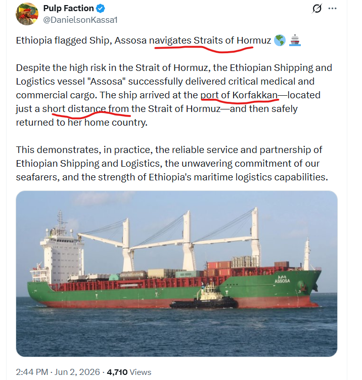 deb30911's tweet photo. #PP lie factory not shy about telling you one thing and then exposing it as hoax in the same story!

click-baiter, Abiy fanatic Danielson first says #Ethiopia ship navigated the Strait of Hormuz. But then few sentences later, he tells us actually the ship was just outside of the strait of Hormuz. In fact, it is not even that close, it actually is 6 to 9 hours away 🤣🤣

#Eritrea #Ethiopia #Sudan #Somalia don't deserve such garbage humans like this dude to be in driver's seat!