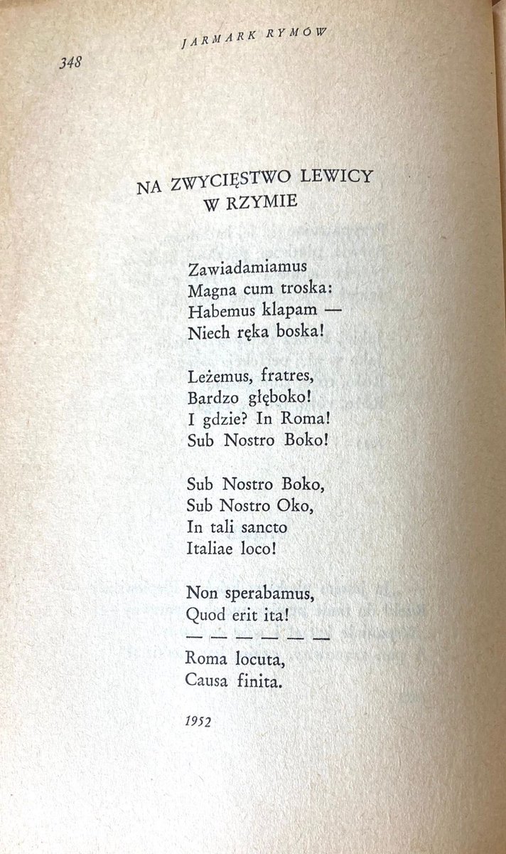 BerlinGross's tweet photo. @lustiger @AWerberger @kreuzberged @SmolkaBeatrice @MattHGoldmann @verena_ramona @gosia_walkowiak @FionaLichtblau @MarekSJF @0101_Bella @yameBleibt @witold_jacek @thomas_dudek @uzora5 @MattheusWehowsk @SedaBasay @AndrzejSzaja @PrzemekZajfert @akajak800 @GlkAustria @grz_szymanowski @HansHuett @TiloJung @JungNaiv Jeden Tag ein #JulianTuwim Gedicht, Tag 1578. Heute aus Jarmark rymów, Jahrmarkt der Reime, das Gedicht Na zwycięstwo lewicy w Rzymie, Auf den Sieg der Linken in Rom, von 1952. https://t.co/fQC3yKj9Ql