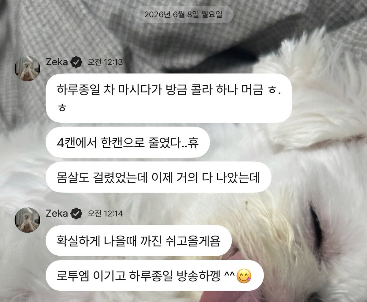 zzangdae11's tweet photo. 다들 콜라 먹는다고 머라 했나 보다 ㅠㅋㅋㅋㅋ 제카 님 아프지 마시고요 파이팅~~ 🥹👊🏻 https://t.co/l23yd2p90X