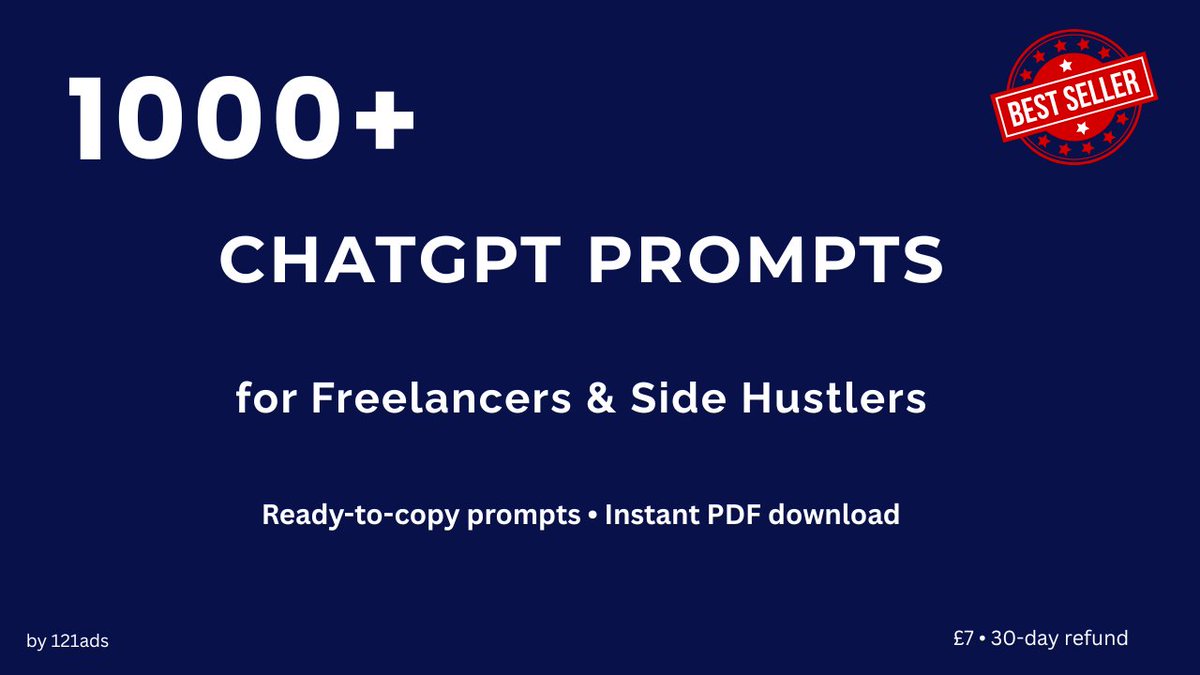 121Ads's tweet photo. I just launched my first digital product 🚀

1000+ ChatGPT prompt Bible for freelancers and side hustlers.

Stop staring at a blank screen. Start creating. https://t.co/kmC38fPeZW
