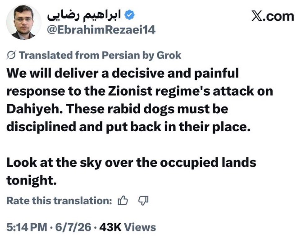 emilykschrader's tweet photo. The Islamic republic threatens to strike Israel tonight in response to the IDF’s targeted strike on Hezbollah in Beirut

The spokesman for the regime’s parliamentary National Security Committee, Ebrahim Rezaei said today: “The Zionist regime will face a painful and decisive response for its attack on Dahiyeh. Watch the skies over the occupied territories tonight.”