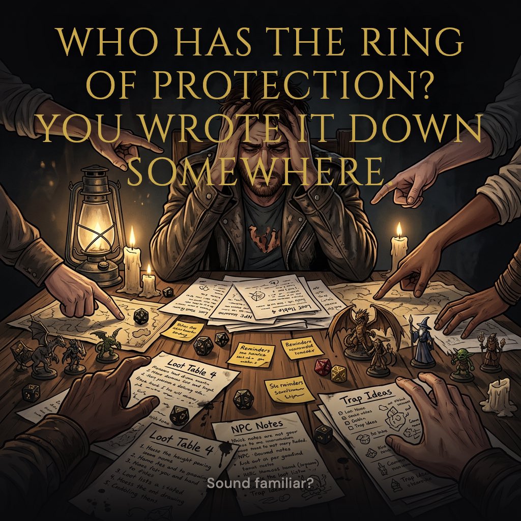 QuillGm's tweet photo. The dragon's dead. Who got the sword?

The party loots the hoard and suddenly everyone's arguing over who picked up the Ring of Protection three sessions ago.

Quill tracks every item, every owner, every trade. No more digging through notes.

#dnd #dungeonmaster #ttrpg #dmtools https://t.co/hBdMhKaBHt