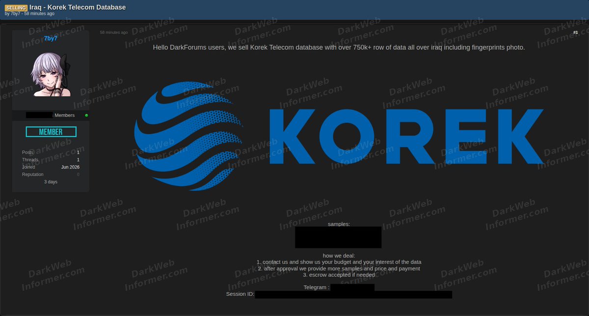DarkWebInformer's tweet photo. 🚨🇮🇶 A threat actor known as 7by7 is selling a dataset allegedly tied to Korek Telecom, one of Iraq's major mobile network operators.

The actor claims the database contains over 750,000 rows of data covering subscribers across Iraq, said to include fingerprint photos. Sample images have been posted, with the actor offering more samples and a price after contact.

Claim is unverified.

💥 Stop guessing what's redacted. Paid subscribers see everything: https://t.co/281Qjc6p2J