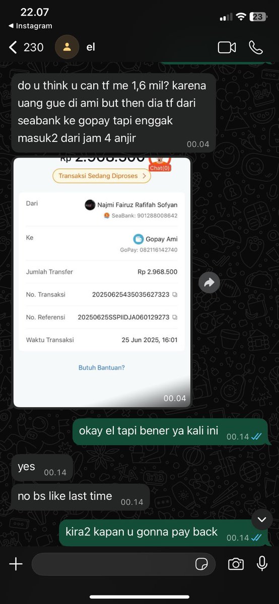 AsaKinara's tweet photo. Pinjem uang ke temen deket, diblok semua sosial media after diingetin. Ini normal ya sekarang? Gw cuma mau uang gw balik. Dia minjem ke gue 1,6jt tapi baru bayar ke gw 400rb. gw udah nagih dari tahun lalu sampe sekarang ga ada kabar n finally gw di block, ini bukti chat nya. https://t.co/Z44LnG4hzg