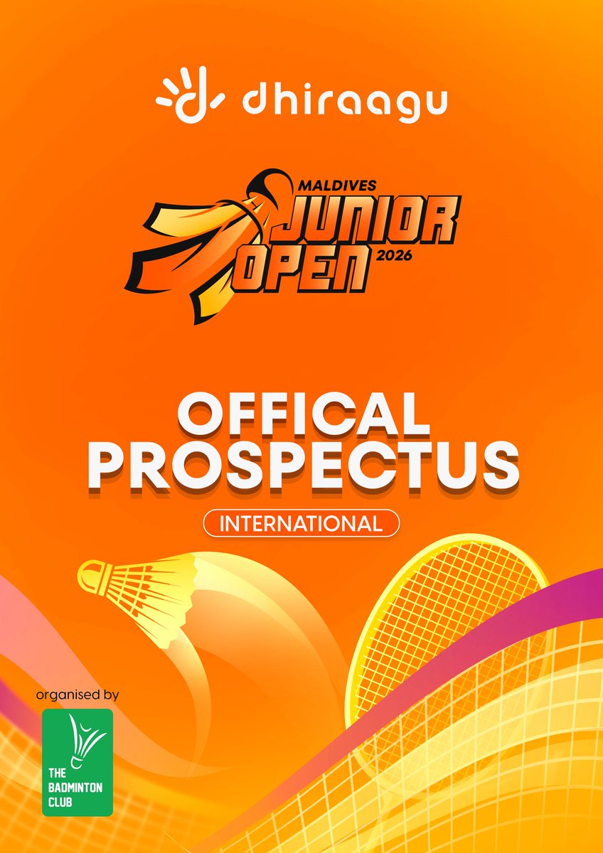 BadmintonClubMV's tweet photo. Tournament Prospectus for International Participants is Out Now!

Check out all the details and mark your calendars. We’re excited to welcome even more players from around the world this December!

Dhiraagu Maldives Junior Open 2026. 🏸🇲🇻

In partnership with Badminton Association of Maldives, Ministry of Sports & Maldives Islamic Bank.