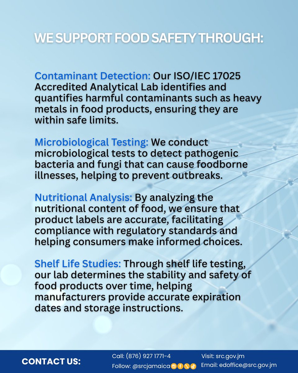 SRCJamaica's tweet photo. Food safety starts long before food reaches your plate.

This World Food Safety Day, the Scientific Research Council is proud to support safer food systems through testing, analysis, research, quality assurance, and industry training.

Safe food. Healthy people. Better solutions. https://t.co/bmbG8ixBOT