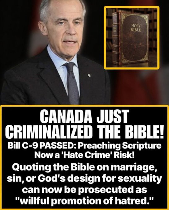 TheBuckYouWill's tweet photo. 🚨ICYMI THIS WEEK: BILL C-9 PASSED.🚨

Quoting the Bible on marriage, sin, or God’s design for sexuality can now lead to prosecution for “willful promotion of hatred".

Deuteronomy 32:35 “Vengeance is mine, and recompense, for the time when their foot shall slip; for the day of their calamity is at hand, and their doom comes swiftly.”

THE LIBERALS CAN GO FUCK THEMSELVES.