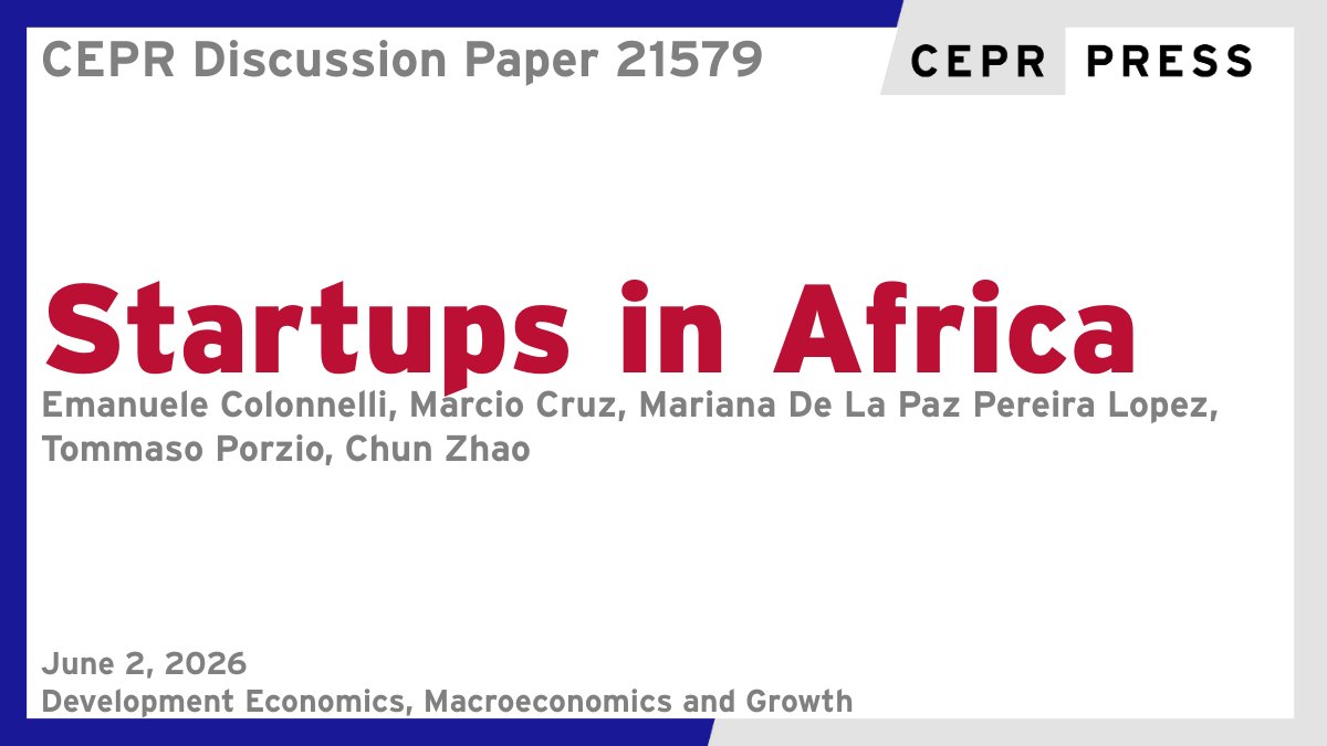 cepr_org's tweet photo. New CEPR Discussion Paper - DP21579 
Startups in Africa
Emanuele Colonnelli @ChicagoBooth, Marcio Cruz @WorldBank, Mariana De La Paz Pereira Lopez @WorldBank, @PorzioTommaso @Columbia_Biz @Columbia, Chun Zhao @StanfordGSB 
https://t.co/GHp93aaRfN 
#CEPR_DE #CEPR_MG #EconTwitter https://t.co/32DurHUOlm