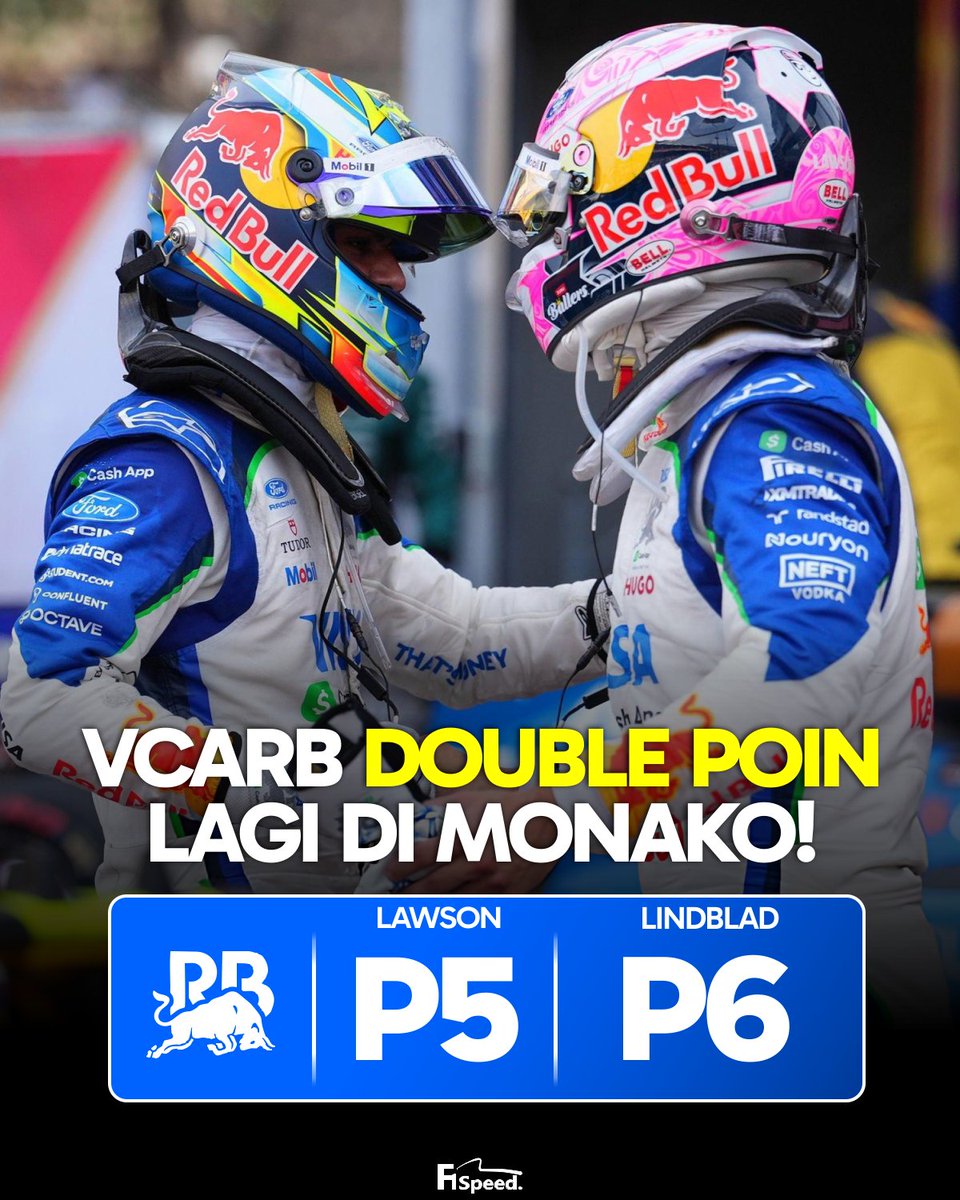 f1speed_indo's tweet photo. 🚨 Racing Bulls ulangi capaian mereka musim lalu dengan dapatkan double-poin di gelaran GP Monako.

Di tengah balapan chaos, Liam Lawson & Arvid Lindblad tampil bersih. Lawson praktis hanya jaga posisi dan dia dapatkan keuntungan dengan kacaunya baris depan dengan penalti.

Aksi Lindblad yang bisa salip Alex Albon jadi kunci karena setelah itu Red Flag muncul yang membuatnya tak perlu masuk pit untuk ganti ban.