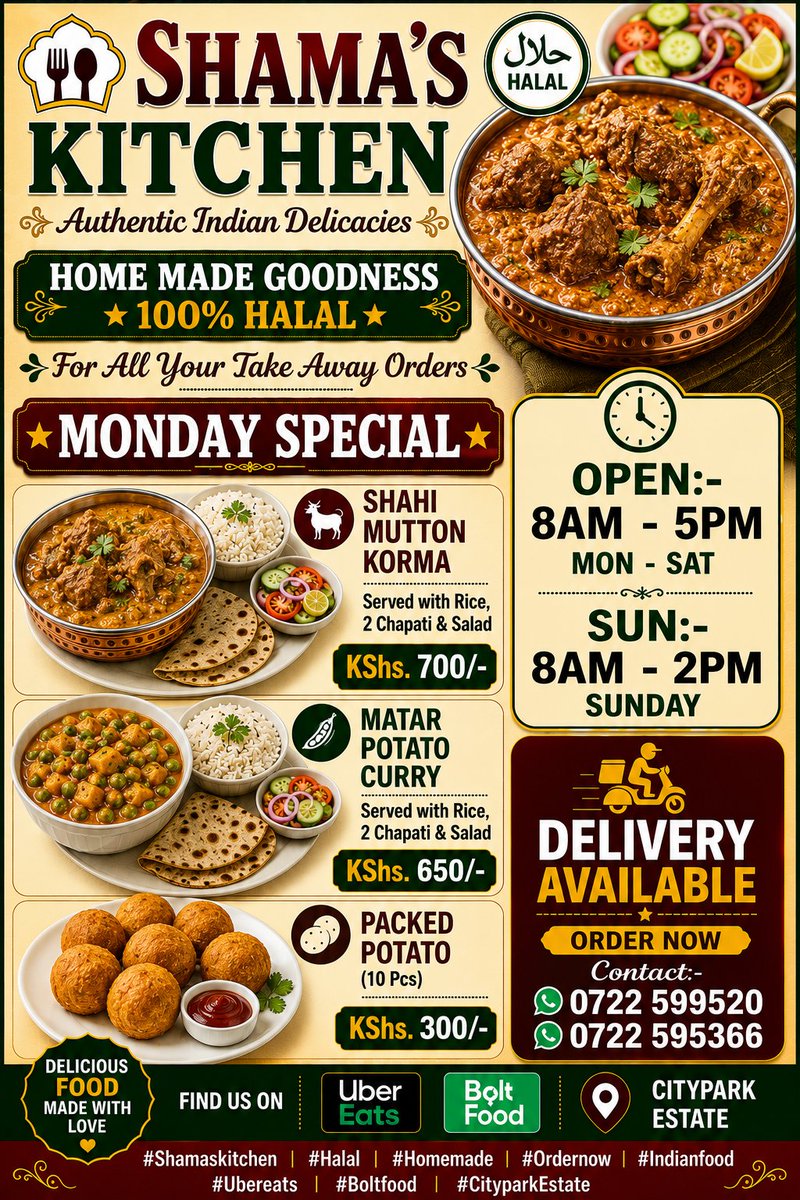 shamaskitchen17's tweet photo. This Weeks Special Monday.
Order now to ensure you don't miss out on this flavorful offer.
Call/Whatsapp on 0722-599-520, 0722 595 366 
For all Your Take Away Order.
#shamaskitchen #deliciousfood  #foodgasm #ordernow #indianfood #nairobi #cityparkestate #homemadefood #followｍe https://t.co/jbVYsMhJGS