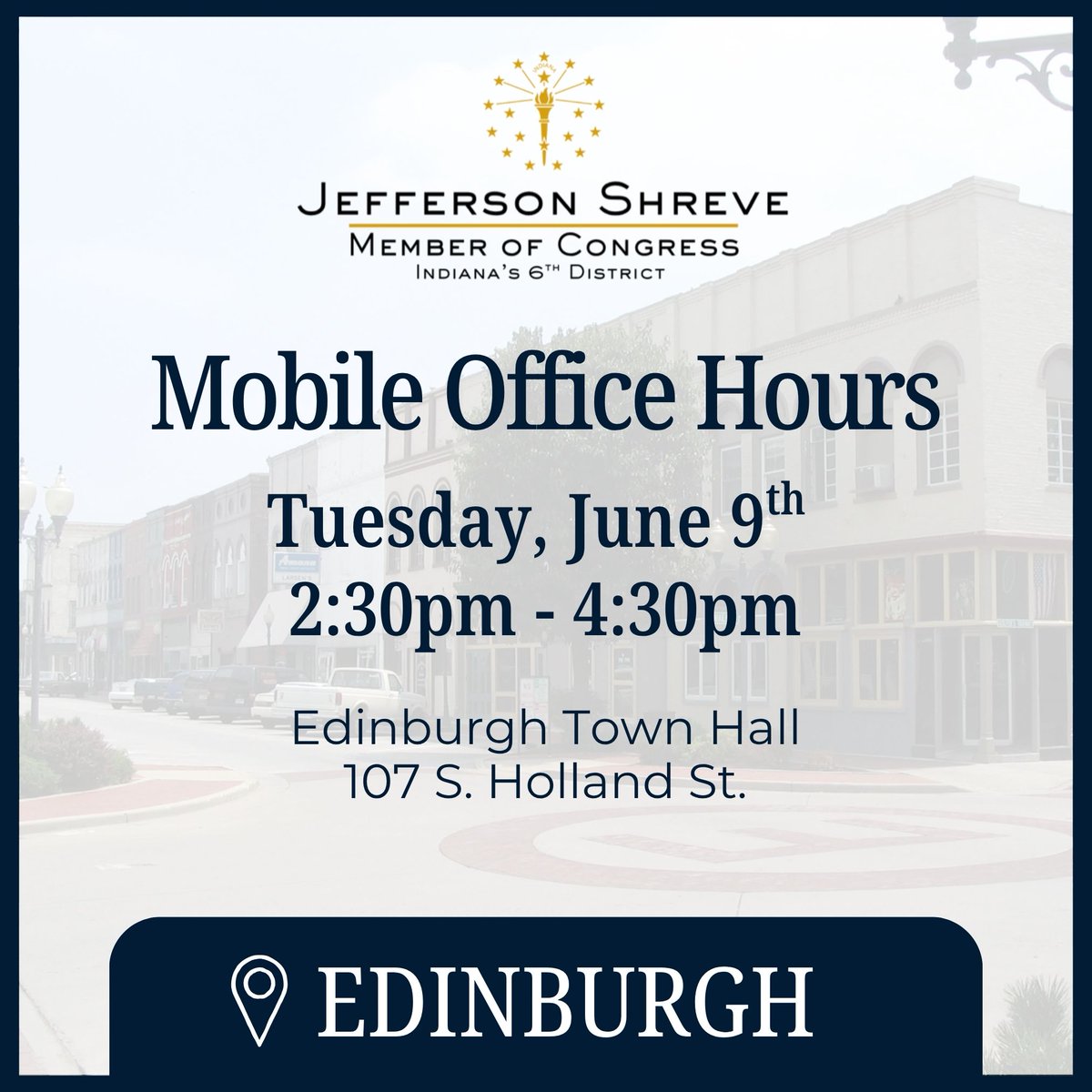 RepShreve's tweet photo. We’re bringing the office to you.

My team will hold mobile office hours this week in Edinburgh and Hope to help with Social Security, veterans benefits, passports, the IRS, and other federal matters.

Stop by. We’re here to help. #IN06 https://t.co/SCuNhs1jMZ