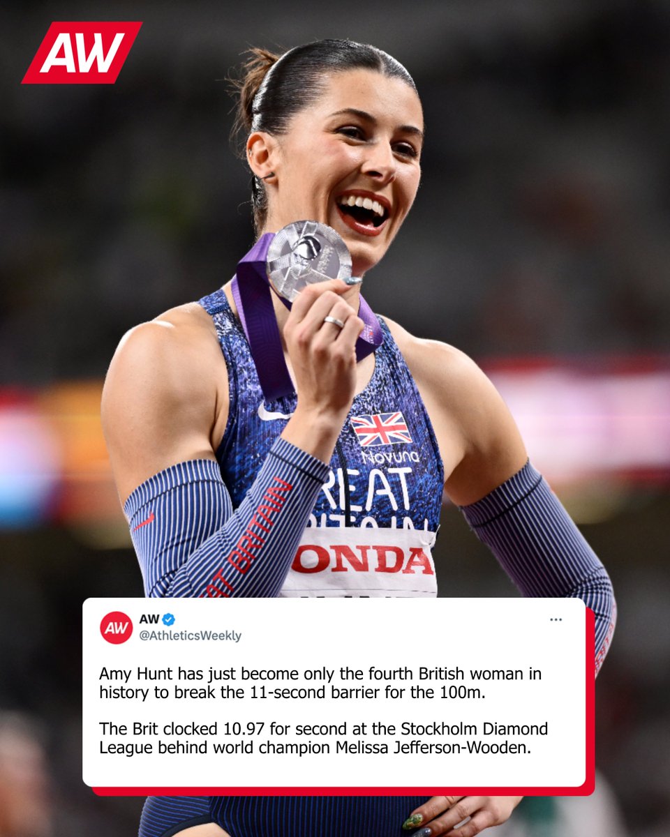 AthleticsWeekly's tweet photo. Amy Hunt has just become only the fourth British woman in history to break the 11-second barrier for the 100m. 

The Brit clocked 10.97 for second at the Stockholm Diamond League behind world champion Melissa Jefferson-Wooden (10.84/0.8). 

Only Dina Asher-Smith (10.83), Daryll Neita (10.90) and Imani-Lara Lansiquot (10.99) have gone sub-11.
