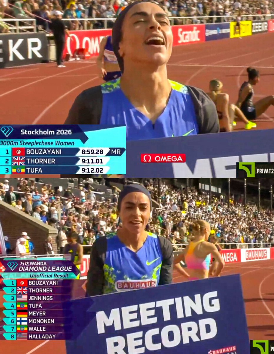 TrackGazette's tweet photo. 8:59.28!!🔥
Meet Record ☑️ 

Marwa Bouzayani 🇹🇳 won the women's 3000mSc at the Stockholm Diamond League with a solo effort, running a Meet Record of 8:59.28! https://t.co/TM2mOBifcd