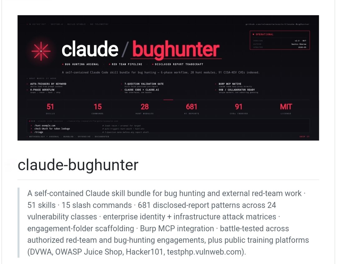 VivekIntel's tweet photo. Claude-BugHunter: AI-Powered Bug Hunting & Red Teaming Knowledge Base for Claude Code

Claude-BugHunter provides a massive library of security skills, recon workflows, vulnerability research patterns, and reporting guidance for authorized security assessments.

🔗 https://t.co/89R7Cx20oz

#CyberSecurity #bugbounty #RedTeam #AppSec #AI4Security #OpenSource
