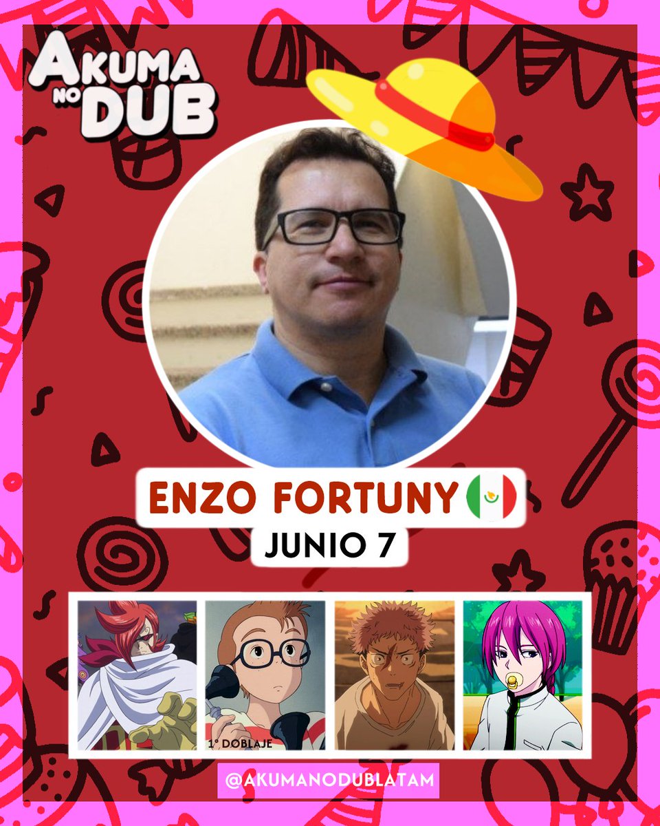 AkumanoDubLatam's tweet photo. 🔴👒 Felicidades Nakama!! 👒🔴

Enviamos un fuerte abrazo a Enzo Fortuny / @EnzoFortuny 🇲🇽 en su Cumpleaños. Es la voz en One Piece de: 

- Camus (Arco Arabasta, EP99)
- Wanze (Arco Water 7)
- Ichiji Vinsmoke (Arco Whole Cake Island)

#OnnePiece #Doblaje #Cumpleaños #EnzoFortuny #DoblajeLatino