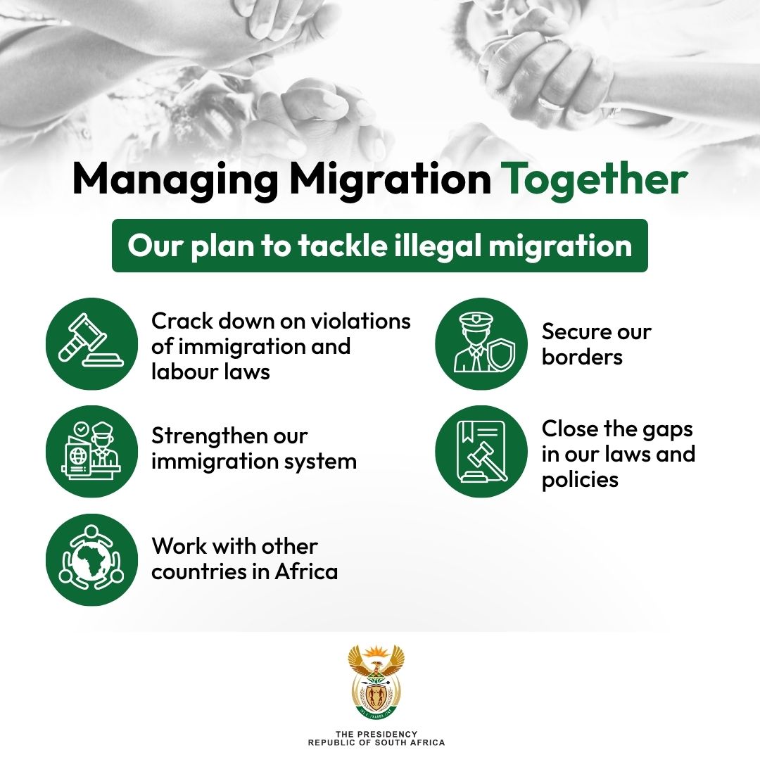 PresidencyZA's tweet photo. In his address to the nation, President @CyrilRamaphosa outlines government's comprehensive approach to managing migration, strengthening border security, enforcing the law and improving the immigration system.

The plan is guided by the Constitution, the rule of law and respect for the dignity and rights of all people.