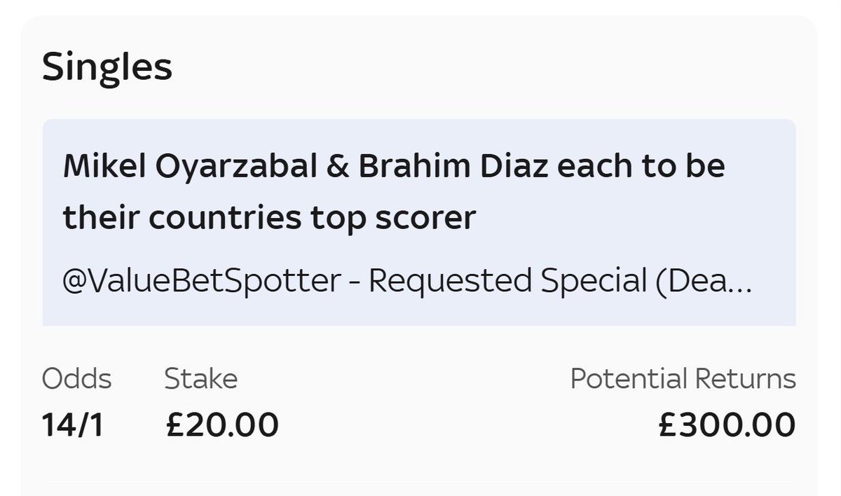 ValueBetSpotter's tweet photo. 😍 THIS 14/1 WORLD CUP BET IS A HUGE PRICE!
Add it to your betslip, here 👇
https://t.co/K5nkbhdZlb

✅ Mikel Oyarzabal to be Spain top scorer.
✅ Brahim Diaz to be Morocco top scorer. 

✍️ This research is worth 30 seconds… 

Mikel Oyarzabal has scored ELEVEN goals in his last TEN games for Spain, Lamine Yamal has scored just 3 goals in his last 12 for Spain. Oyarzabal is a massive price here, comfortably Spain’s top goalscorer in qualifying AND he takes all of Spain’s penalties. 

He’ll be Spain’s starting striker at the World Cup, and with 26 goals this season, expect him to continue his goalscoring form.

Mikel Oyarzabal goals for Spain: 2, 1, 2, 1, 1, 0, 1, 1, 0, 2 

🇪🇸 Spain have a very favourable group, with Cape Verde & Saudi Arabia, so expect them to rack up plenty of goals in the group stages. 

👀 Over to Brahim Diaz now… 

Brahim Diaz comes into the World Cup on the back of an incredible Africa Cup of Nations in January where he finished with the Golden Boot. He was the only player in the entire tournament to score 5 goals. His nearest competitor for the top team scorer for Morocco is Ayoub El Kaabi, who scored just 3 at the AFCON.

Another part we love about this bet, just like Oyarzabal, Brahim Diaz takes penalties for Morocco - and with plenty of new rules around grappling at this World Cup, expect plenty of penalties too. 

🇲🇦 Morocco are unbeaten in 90 minutes in an incredible 43/44 games, making them mega dark horses to go deep in the tournament. They also have Haiti in their group - a real chance for Diaz to rack up the goals.

🤯 This bet is only 9/1 at Bet365. 

Add it to your betslip, here 👇
https://t.co/K5nkbhdZlb

LIKE ❤️ IF YOU’RE ON THIS BET!!!!!

🔞 keep it fun lads, ad as always BeGambleAware.