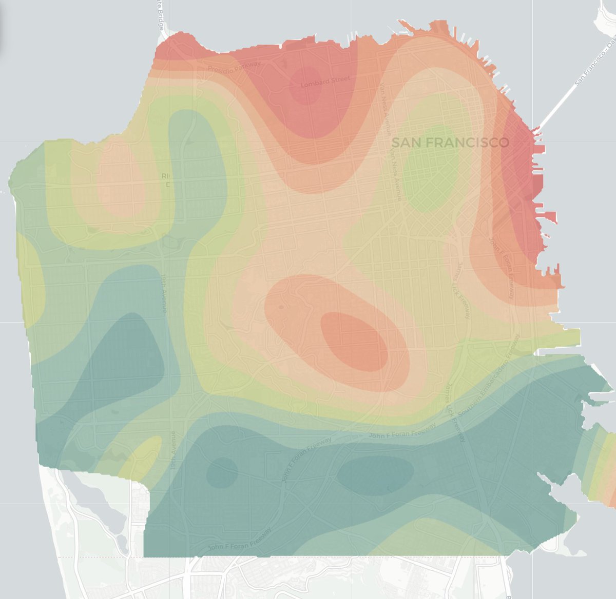 credealjunkie's tweet photo. Three months later and I got it: 

The definitive San Francisco rental heatmap.

Built off real data, this shows current 1-bedroom rents for a 650sqft unit.

Blue = $2,500/mo
Red = $4,250/mo

Biggest "surprise" in the past 12-months has been the rent comeback in SOMA. https://t.co/WQWp9Jp4hw