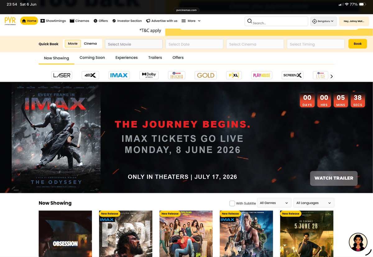 johnymoolayil's tweet photo. PVR ran a timer to 7th June for tickets opening on the 8th. Checked in to see what happened at midnight, and it just… disappeared. https://t.co/e2Hgnj7LQP