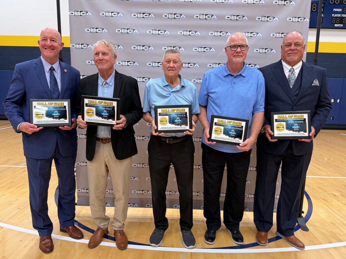 OBCA_'s tweet photo. Our sincere thanks to the University of Central Oklahoma for graciously hosting the OBCA Hall of Fame Banquet at Hamilton Field House. We are honored to recognize the distinguished Class of 2026: David Baldwin, Clyde Eslick, Kirk Harris, Mark Vancuren, and Terry West. @UCOMBB  @CoachBobHoffman