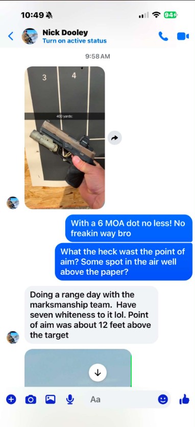 GideonOptics's tweet photo. Utter madness. Well thanks to Nick Dooley at @ar15podcast we now have holdover data for 9mm service pistol at 400 yards. With a 6 MOA dot Gideon Storm! “Train accordingly” as the cool kids say… https://t.co/ZbguR83x3W