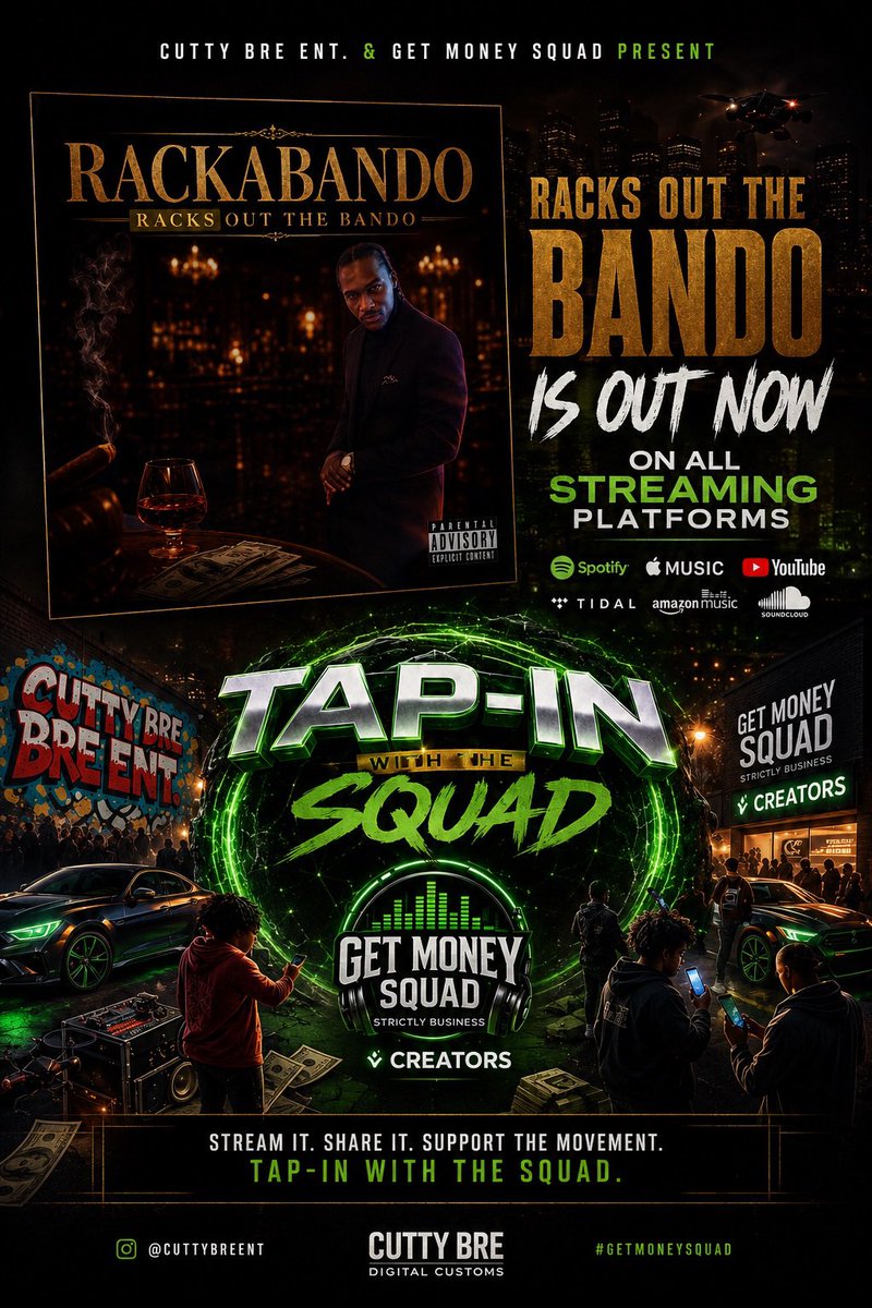 youngchuckydboy's tweet photo. Racks Out The Bando out now on all streaming platforms. π₯
Run it up. Add it to your playlist. Share it with somebody thatβs really chasing it.
Tap in with the squad
@rackabando
@cuttybreent
@therealtrillgod
#Rackabando #RacksOutTheBando #TapIn #GetMoneySquad #CuttyBreEnt https://t.co/VNCCAbuu42