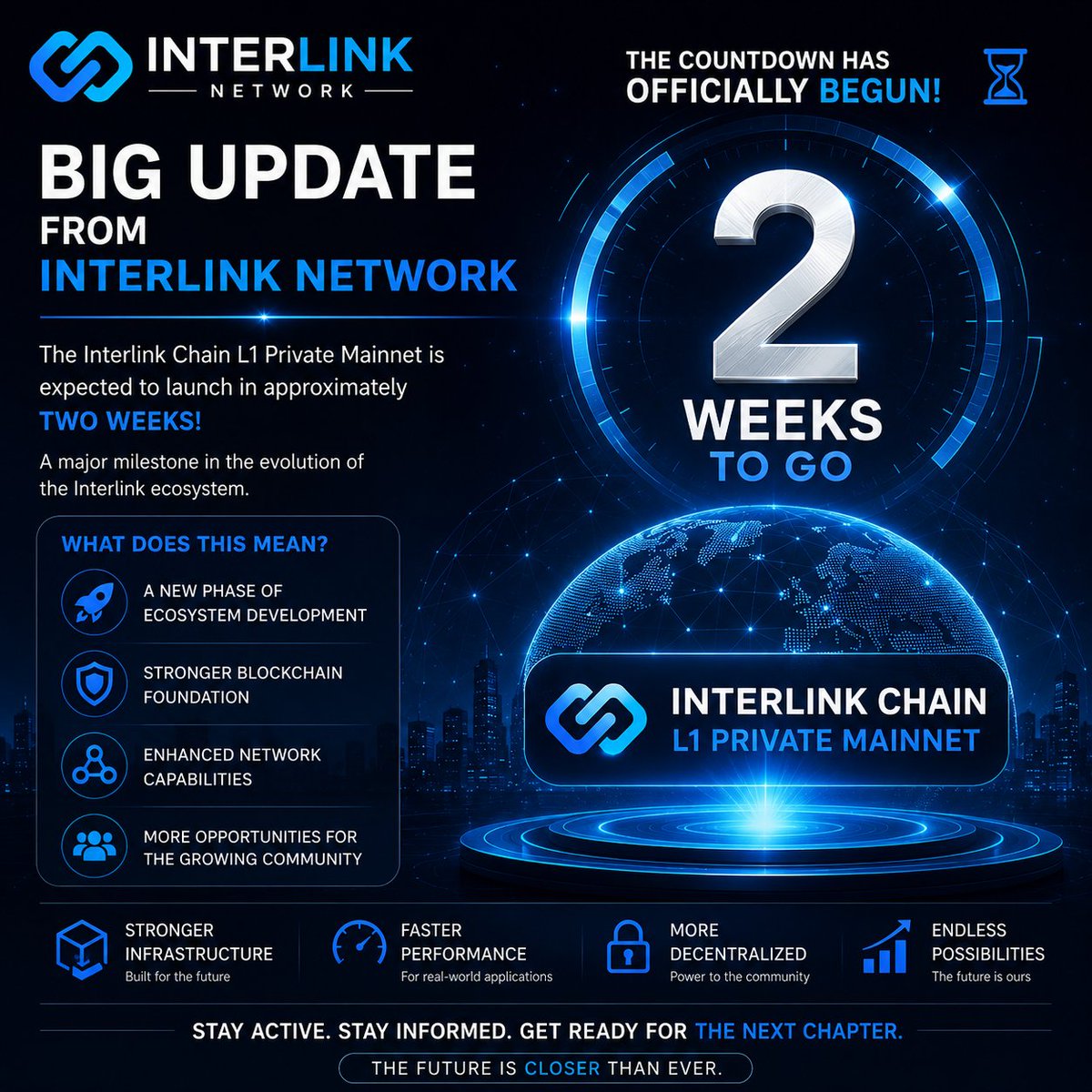 talha722222's tweet photo. 🚀 The countdown has begun!

Interlink Chain L1 Private Mainnet is expected to launch in ~2 weeks, marking a major milestone for the ecosystem.

A stronger foundation, enhanced capabilities, and new opportunities are on the horizon.

#InterLink #ITL #ITLG https://t.co/e3UfFElGYL