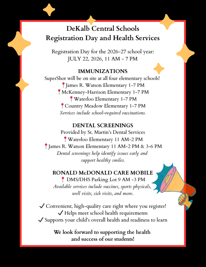 DeKalbWTL's tweet photo. 📚 DeKalb Central Schools Registration Day is July 22, 2026, from 11 AM–7 PM! Families can access immunizations, dental screenings, sports physicals, vaccines, well visits, sick visits &amp; more at select school locations. https://t.co/cC6ZFqZUeG