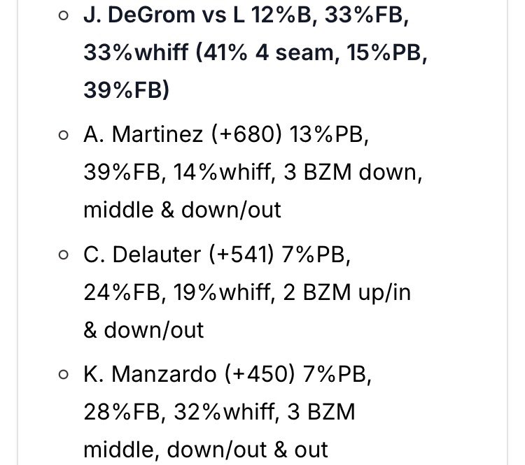 NewMoneyNarth's tweet photo. happy sunday all🙏

some pull barrel data sheets💣

B%: barrel
PB%: pull barrel
FB%: fly ball
whiff%: strike swing and miss
BZM: barrel zone match

📊provided by @PropFinderApp 
use code “NARTH” for 30% off first monthly or yearly plan https://t.co/PZD9k0H5y3