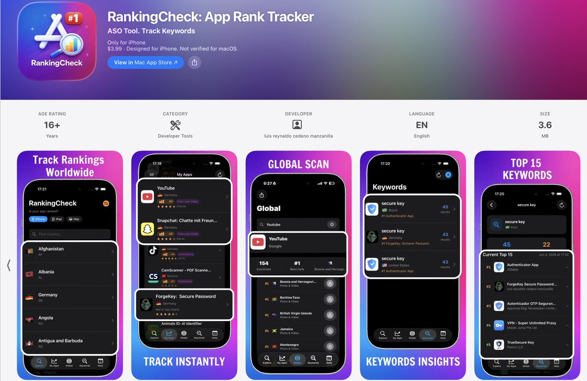 App_Designer2's tweet photo. I Built the ASO tool I wish I had when I launched my first app.

📈 Track rankings worldwide
🔍 Discover keyword opportunities
🚀 Monitor Top 15 changes
🔔 Get ranking alerts

Made for indie developers.

#viral #keywords #asotracker #asotools #indiedev #iosdeveloper #swiftui #app https://t.co/niqQjF6gg4