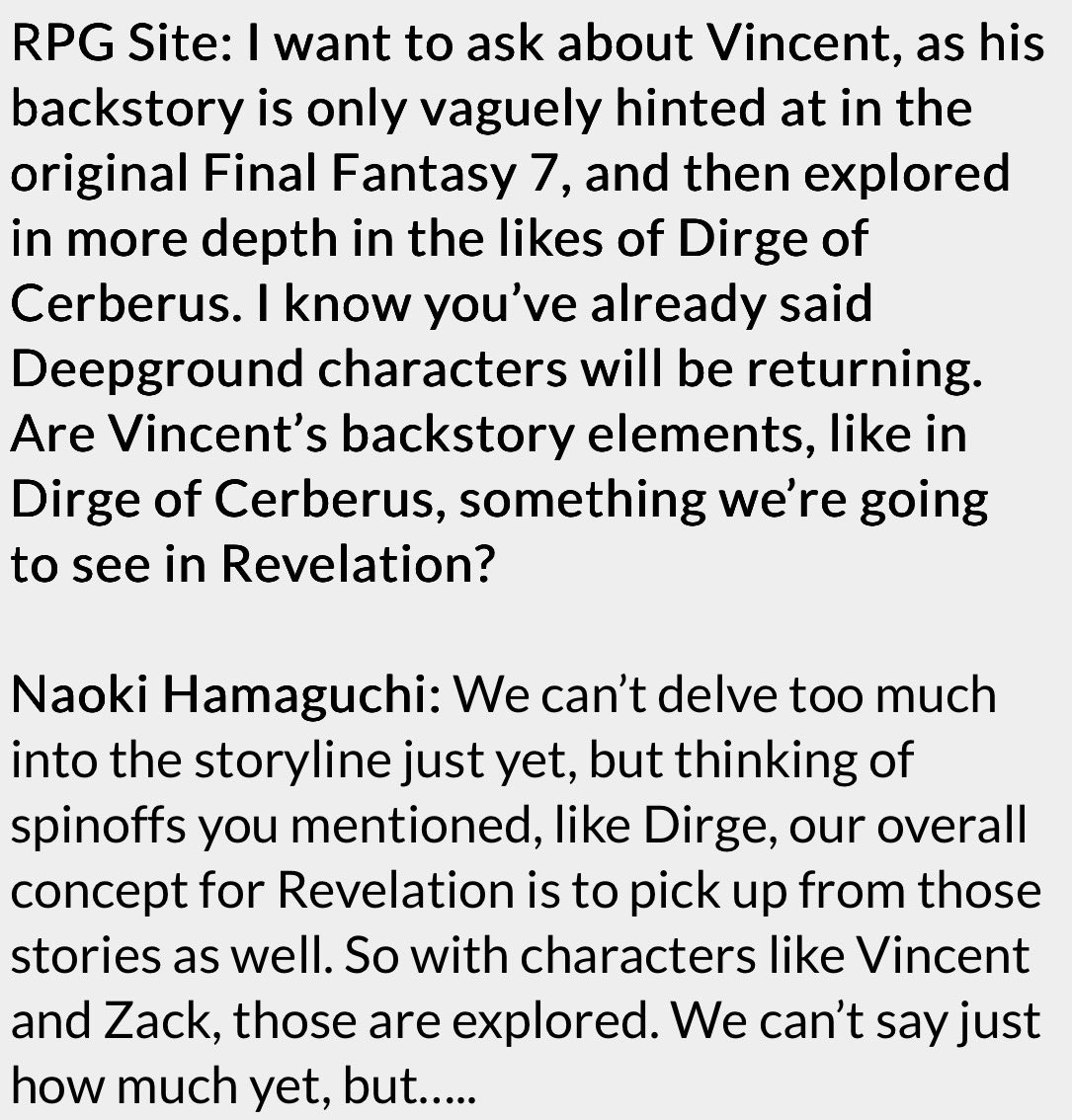 aitaikimochi's tweet photo. RPGSite’s interview with FF7 Revelation Director Hamaguchi drops lore about Vincent and Dirge of Cerberus.

He says the overall concept for Revelation is to pick up from stories such as DoC and with Deepground characters returning too.

He can’t reveal how much, but…👀 https://t.co/SfjBuaixoz