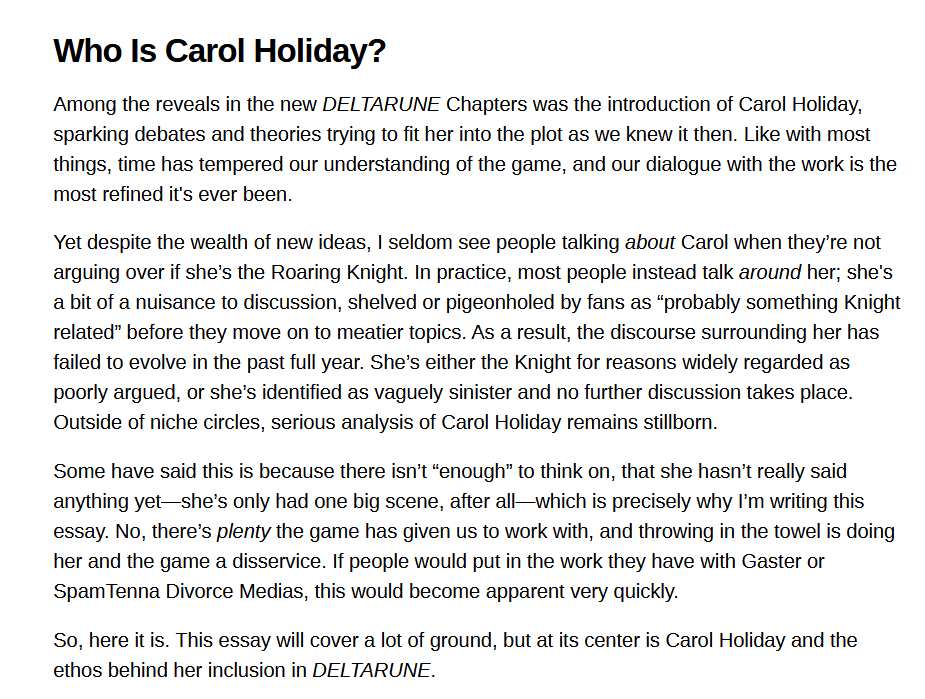 yumeni_kasuga's tweet photo. i wanted to take the time to highlight an essay one of my friends just published on their website; an analysis of carol holiday. what she stands for, what her goals are, and covering the basis of her character. here's the intro, check the replies if you're interested! https://t.co/tdqROUoeFt
