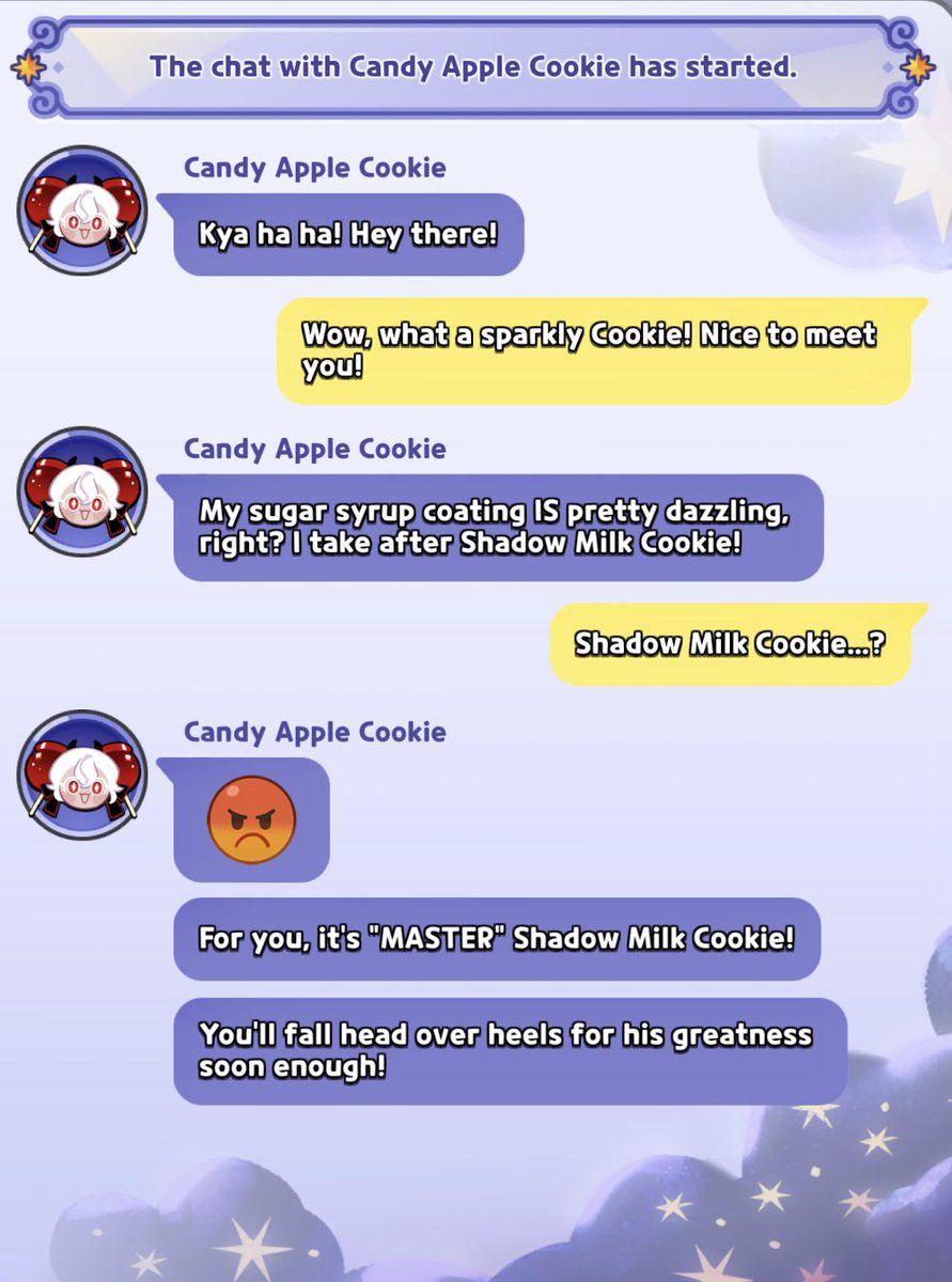 luv4capple's tweet photo. i think my favorite thing abt capples cookiechats is that like. underneath everything shes such a sweet girl that just needs a friend. like she warms up to mycookie so quickly its adorable. first chat vs lvl 7 oh goshhh shes so cute https://t.co/3nfiab69tm
