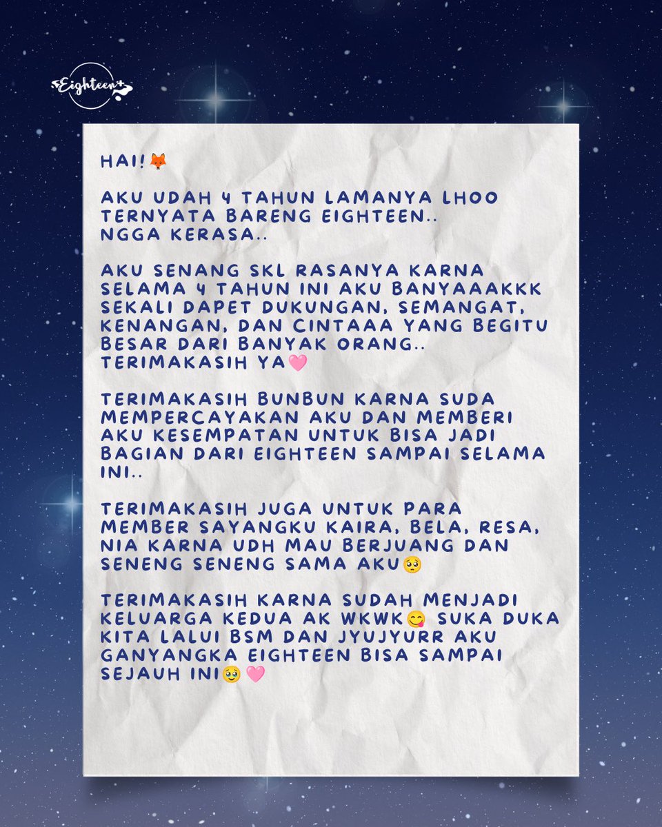 eighteenofc's tweet photo. [GRADUATION ANNOUNCEMENT] 

Bintang memang tak selamanya tinggal di langit yang sama. 
Namun cahayanya akan selalu dikenang oleh siapapun yg melihatnya💫✨ 

Terima kasih Kia, untuk semua senyuman, semangat, dan memori indah yang kamu berikan💞 

#kia #eighteen https://t.co/1oNVz147Jc