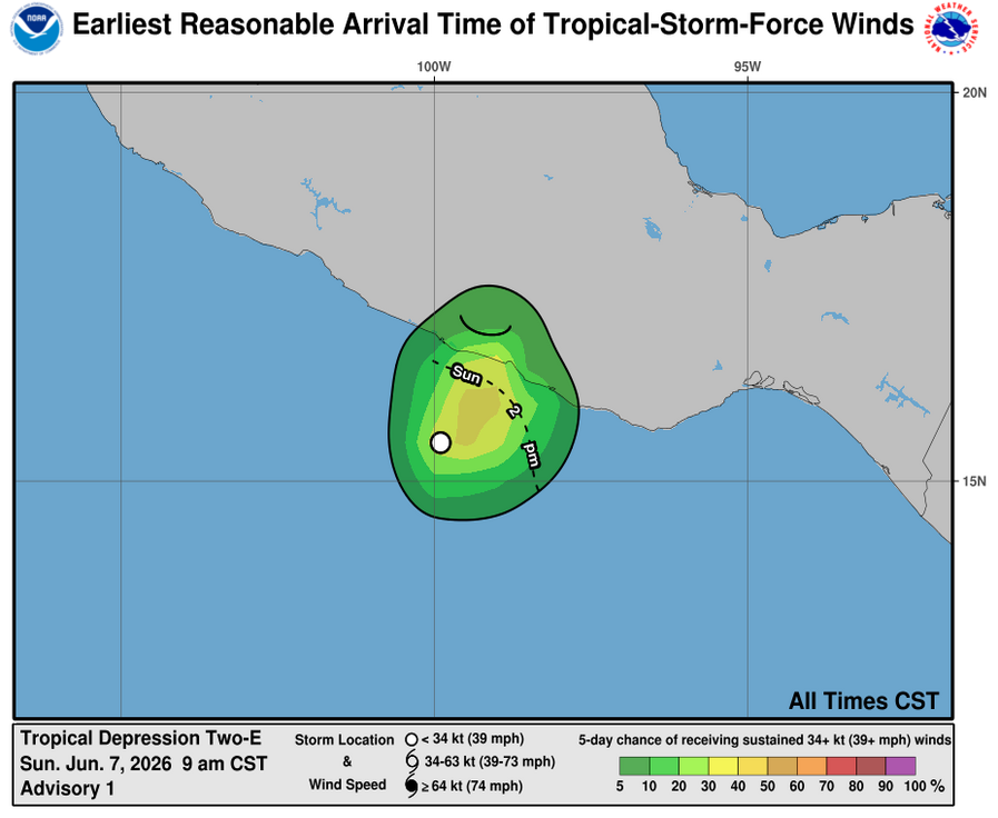 webcamsdemexico's tweet photo. ⚠️ AVISO ⚠️
Se ha formado en el #Pacífico la #DepresiónTropical Dos-E frente al sur de #Guerrero. 🌀
Se localiza a 155 km al sur de #Acapulco y a 165 km al oeste-suroeste de #PuntaMaldonado, #Gro, con vientos máximos sostenidos de 55 km/h y rachas de 75 km/h.
Se desplaza hacia el noreste a 9 km/h.
⚠️ Provocará abundante ingreso de humedad hacia los estados del sur, occidente y centro de México.
⚠️ Se pronostica:
• Viento de 40 a 50 km/h con rachas de 60 a 80 km/h (intensificándose durante la noche): costas de #Guerrero y #Oaxaca (oeste).
• Viento de 20 a 30 km/h con rachas de 40 a 60 km/h: costas de #Jalisco, #Colima y #Michoacán.
• Oleaje de 3.0 a 4.0 metros de altura: costas de Guerrero y Oaxaca. • Oleaje de 2.0 a 3.0 metros de altura: costas de Jalisco, Colima y Michoacán.
🚨 En las próximas horas, podría convertirse en la #TormentaTropical #Boris.
