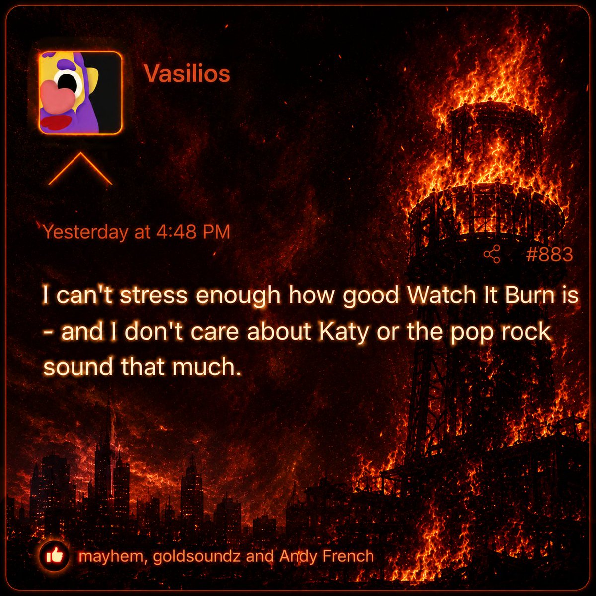 lobitostan's tweet photo. "Não consigo enfatizar o suficiente o quão boa é 'Watch It Burn' — e eu nem ligo tanto para a Katy nem para esse tipo de som pop rock." https://t.co/89GY3Nf5LZ