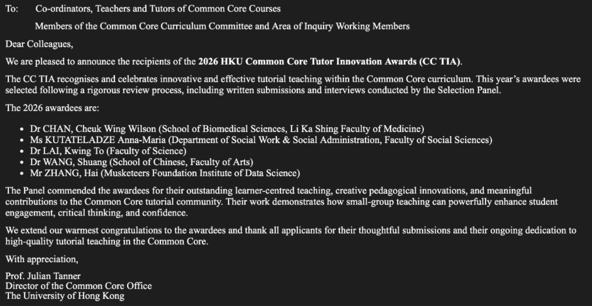 2318hhhz's tweet photo. Thrilled to receive the 2026 @HKUniversity CC TIA Award ๐and ๐ Proud to be the only student recipient. Massive thanks to our course coordinators @francislee2020, Prof. Ping Luo, and @YiMaTweets , plus our stellar TA teams. We did it together! ๐ #HKU #CCTIA #HKUIDS https://t.co/SkgSTuooZ6